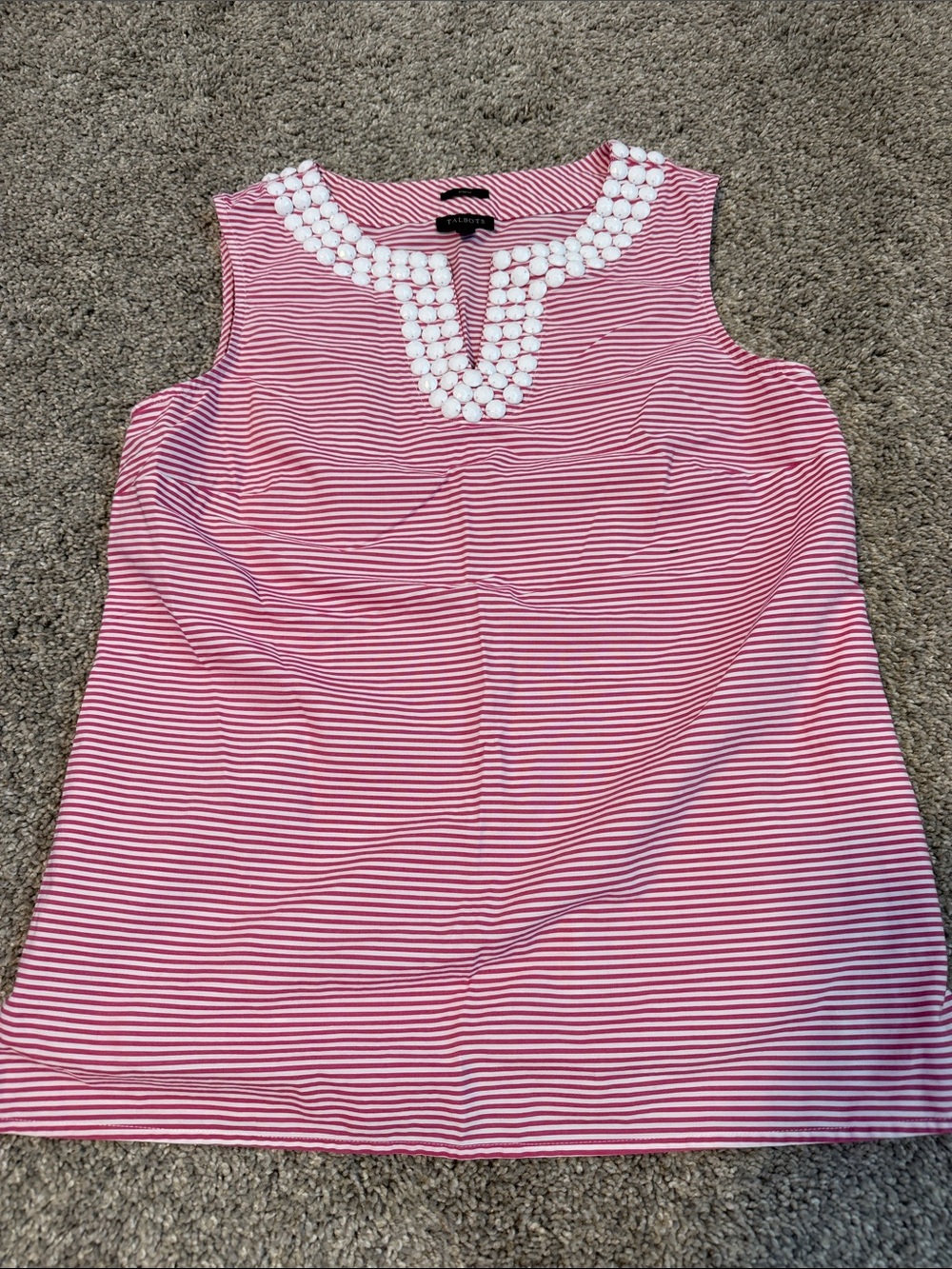 Talbots V-Neck Beaded Sleeveless Blouse, pink and white striped, Sz.4